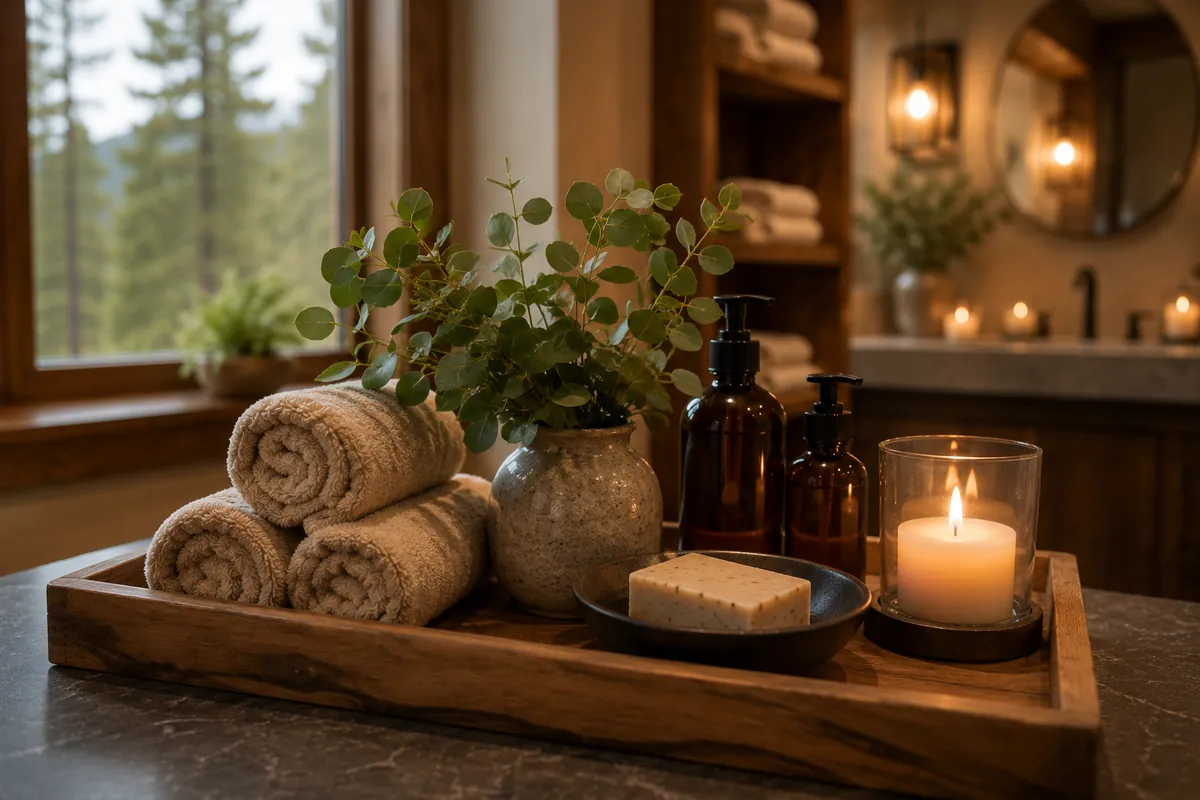 Neatly rolled towels, massage oil, smooth stones, and a lit candle on a wood surface
