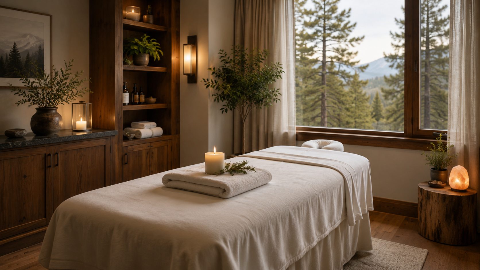 Serene massage treatment room with warm wood, soft linens, and a window onto pine forest