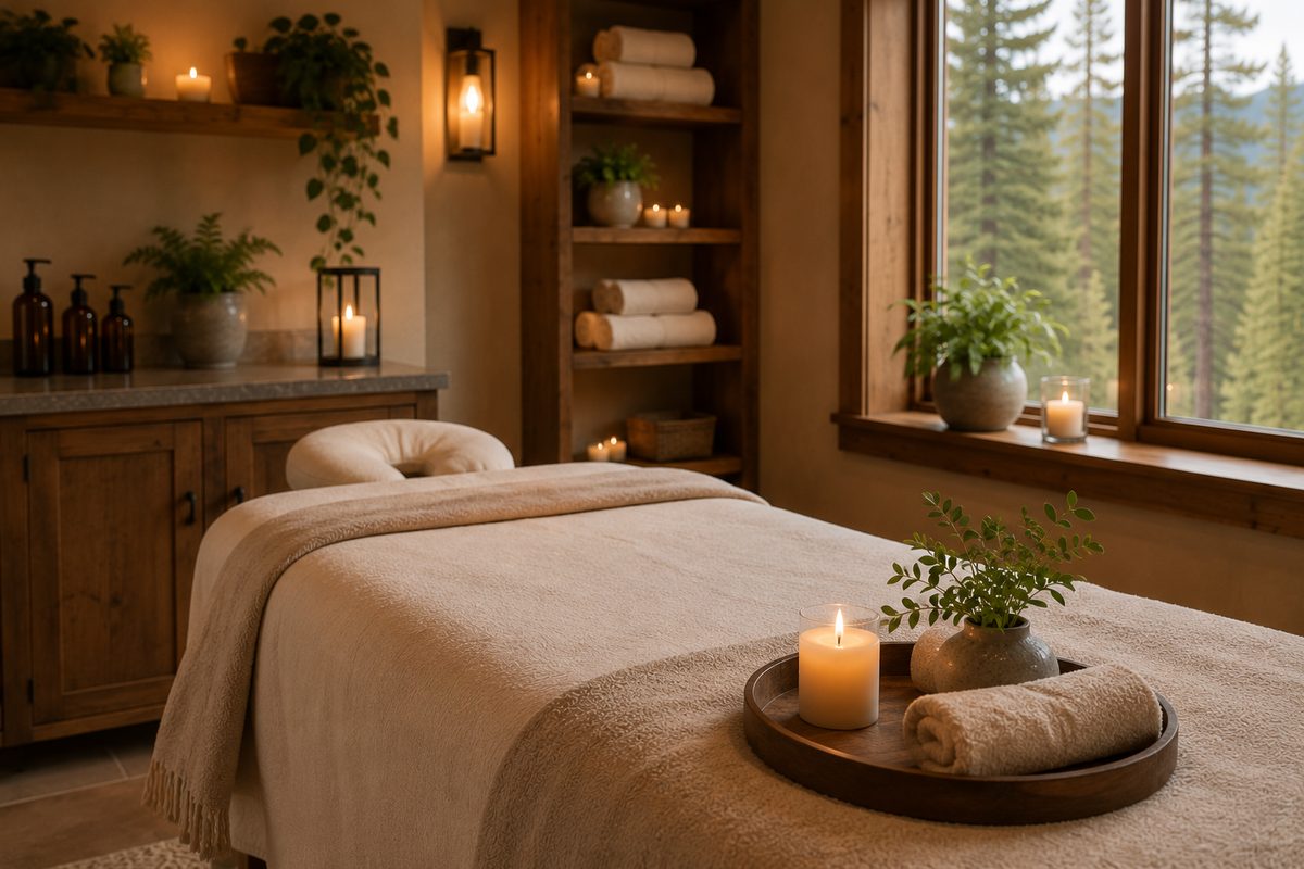 Private treatment room with a linen-draped massage table and soft window light