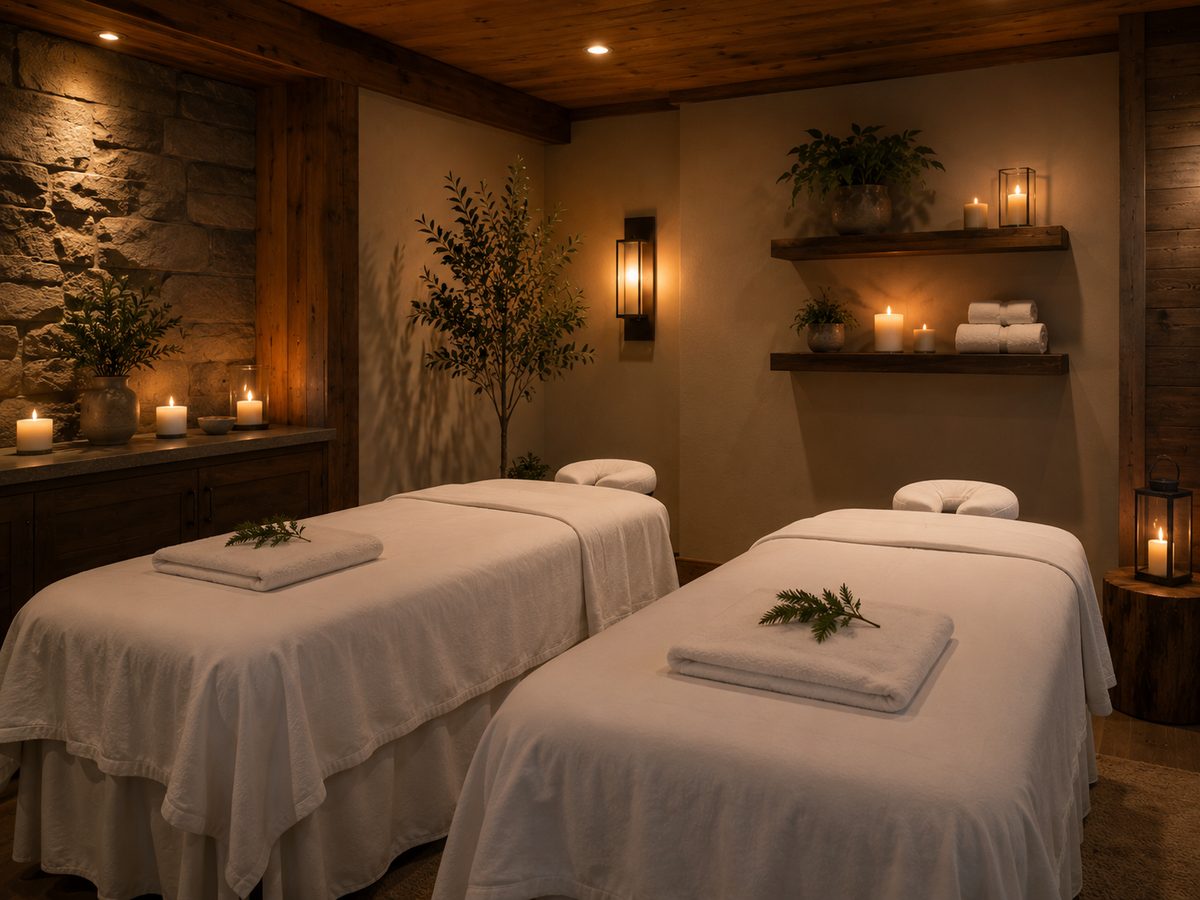 Couples massage room with two tables side by side in candlelight