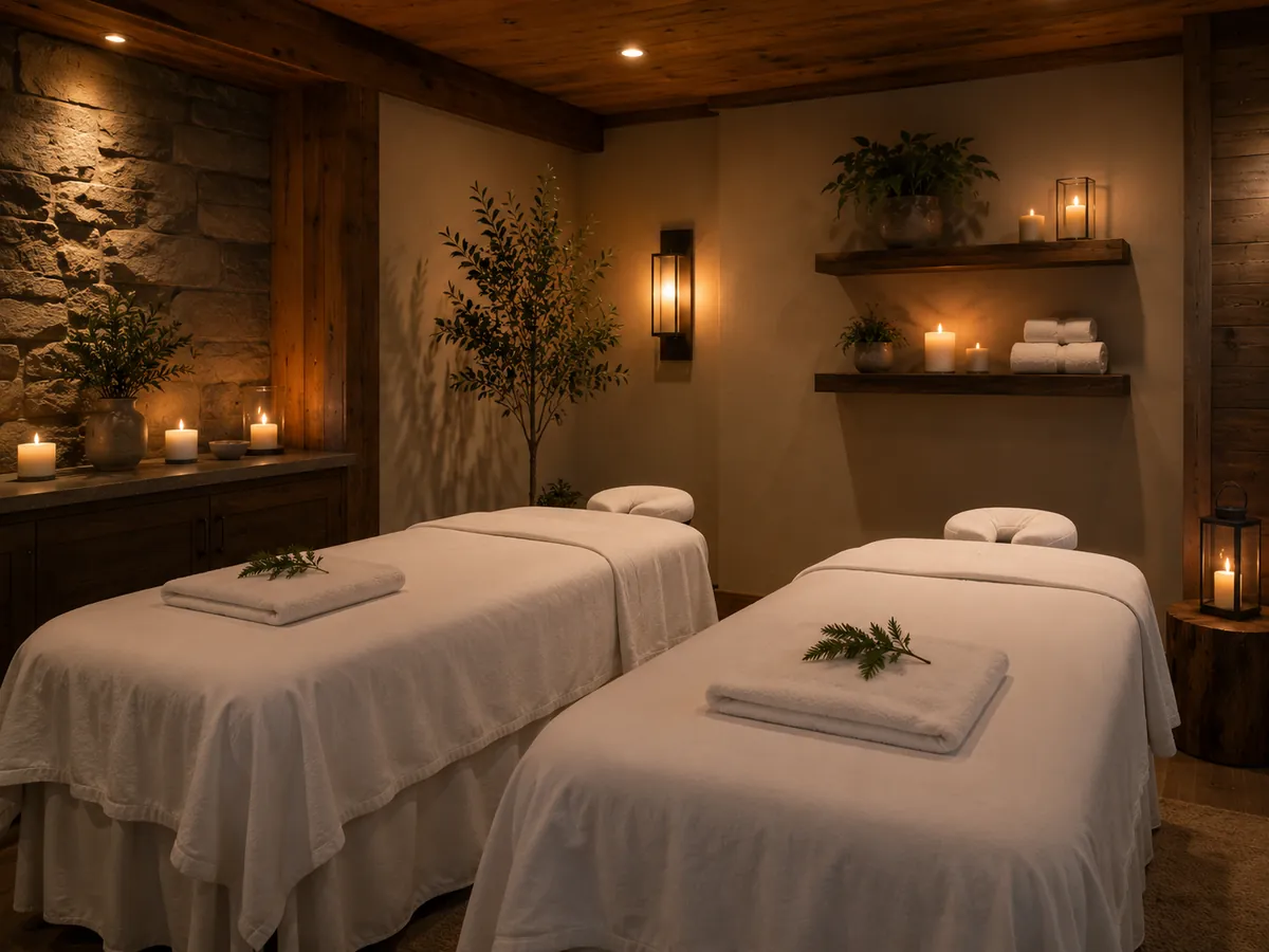 Couples massage room with two tables side by side in candlelight