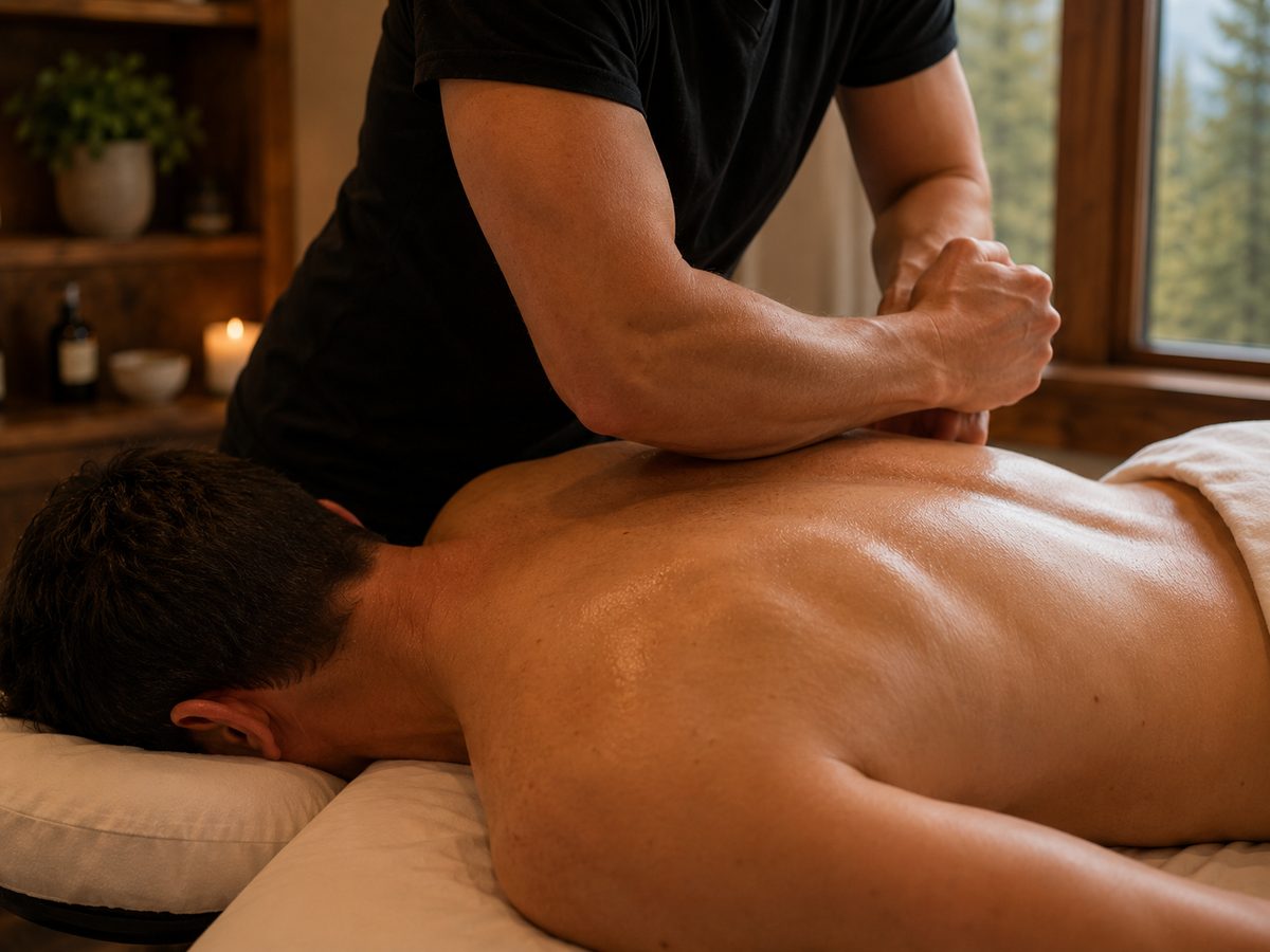 Therapist applying firm forearm pressure to a client's back muscles