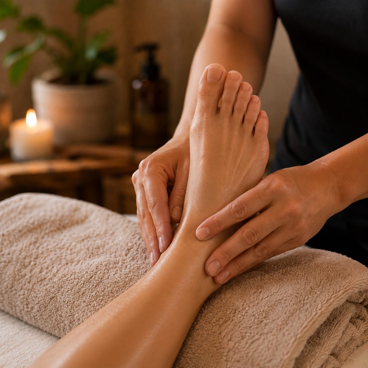 Therapist's hands massaging a client's foot in a calm spa setting