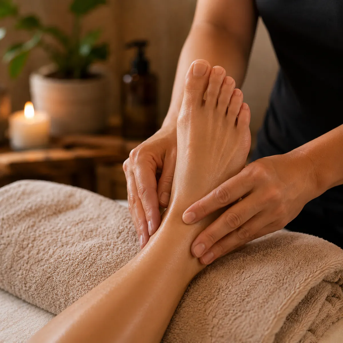 Therapist's hands massaging a client's foot in a calm spa setting