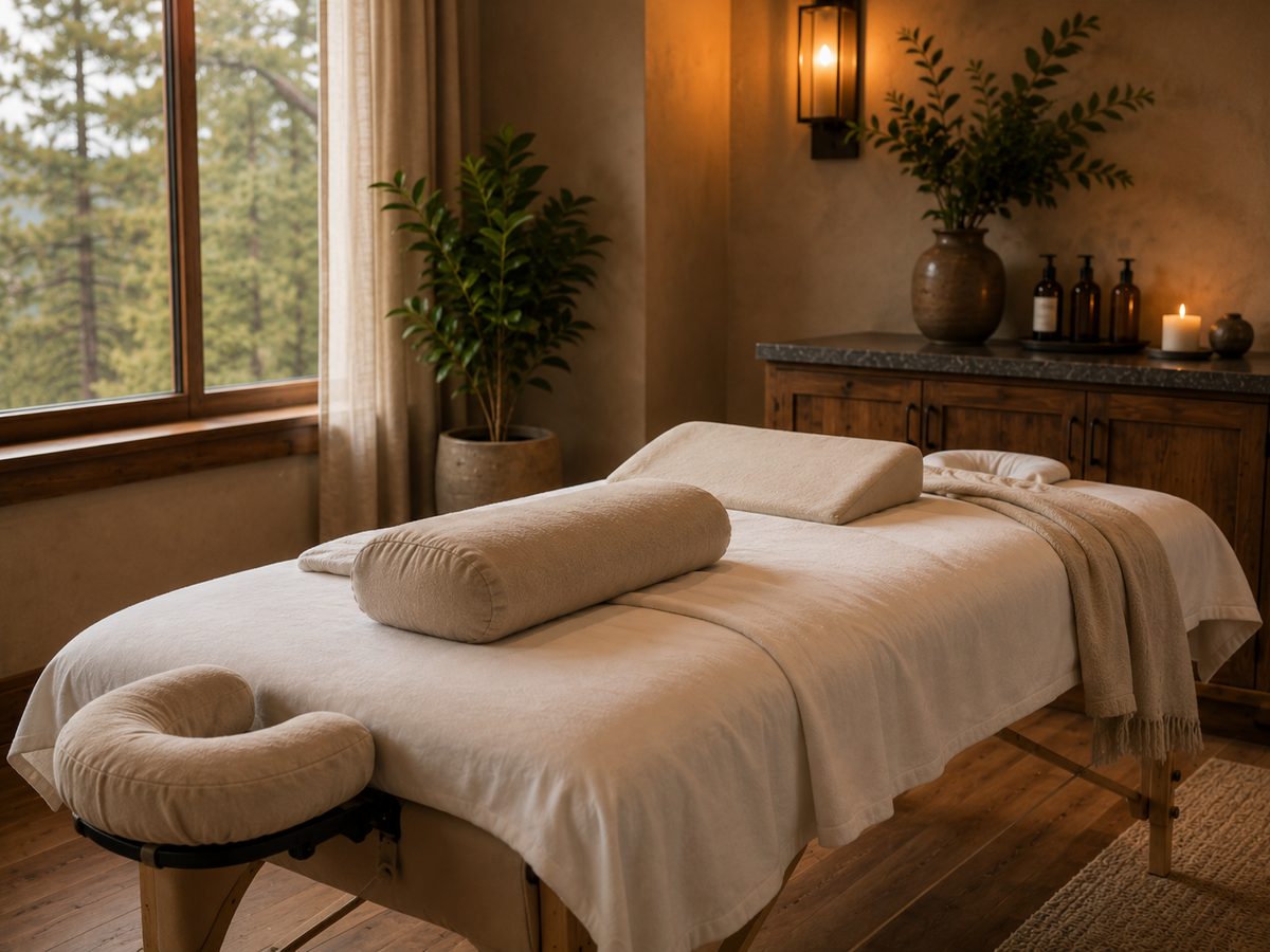 Softly lit massage room set up with supportive bolster pillows